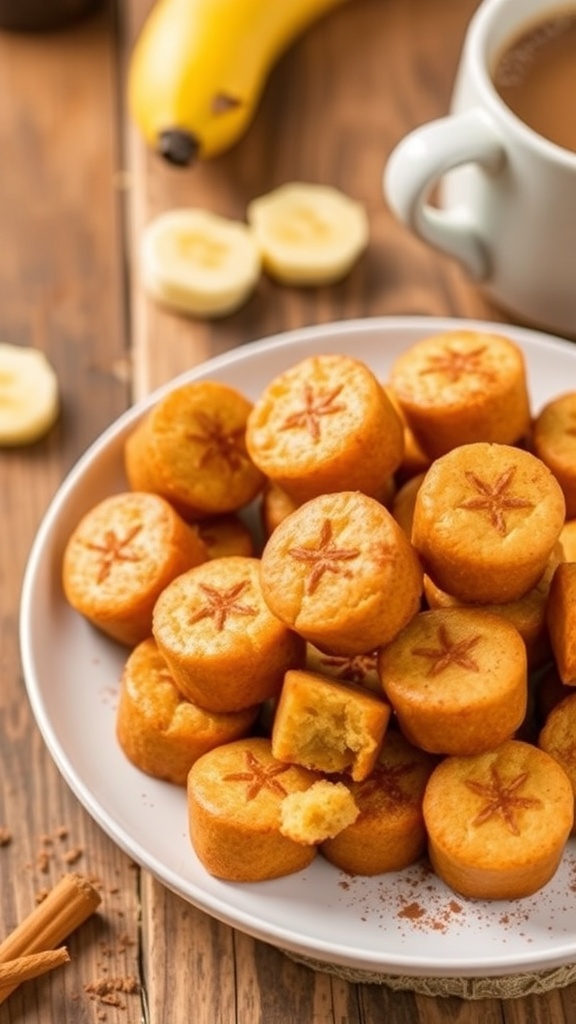 Mini banana bread bites on a plate with banana slices and cinnamon, set on a rustic table.